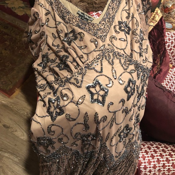 Long tan dress with charcoal and black sequins by Pissarro Nights - Picture 4 of 4